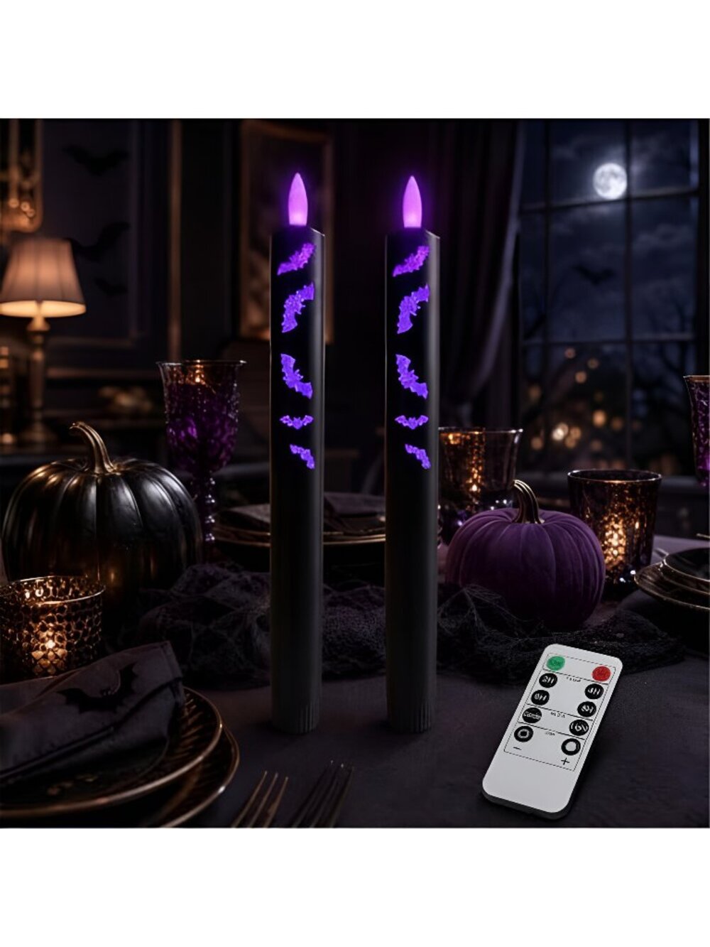 9.6" Halloween Flameless Taper Candles with Remote and Timer, Black, 2 Pack
